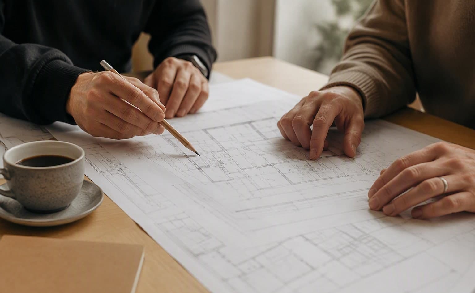 Hender som peker på arkitekttegninger over et bord